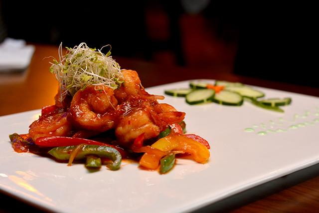 The Sakura Shrimp, seen here, blends together grilled shrimp, seasonal mixed vegetables and Japanese spicy sauce.&#160;