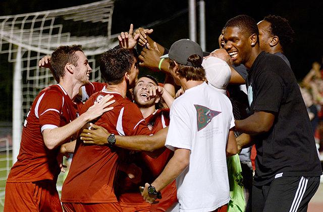 After scoring NC State&#8217;s first goal of the game, sophomore midfielder Michael Bajza celebrates with some of his fellow soccer and basketball players. The Wolfpack defeated the Campbell Camels 2-0 at Dail Soccer Field&#160; Wednesday.