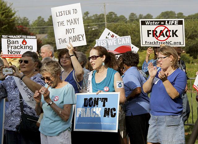 A group against fracking rallies before a public hearing on proposed fracking rules held at the McKimmon Center on the N.C. State campus in Raleigh on August 20, 2014.