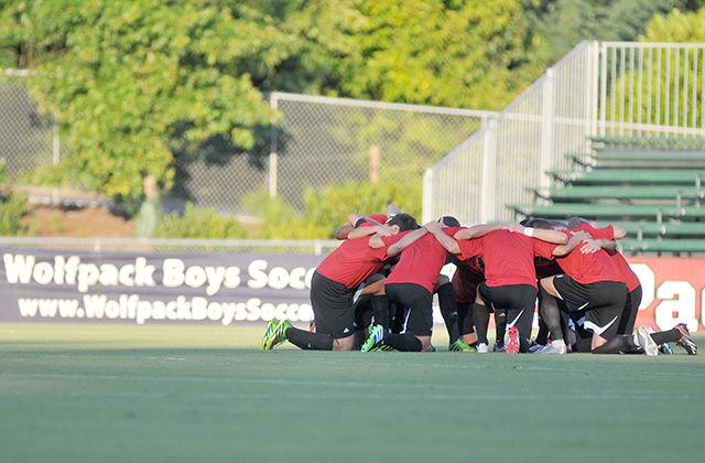 The NC State men&#8217;s soccer team gathers before the start of their exhibition match against UNC-Wilmington. The Wolfpack takes on Campbell this evening at 7 pm.