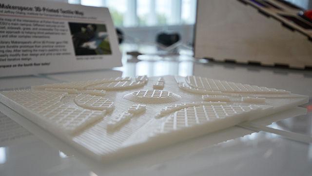 A model of a 3-D printed tactile map created by assistant director of the Institute for Transportation Research and Education, Bastian Schroeder, and Post Baccalaurate Studies major, Jeffrey Chang is on display at the James B. Hunt Library. &#160;