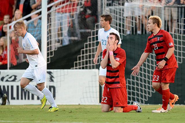 Freshman defender Connor Donovan reacts after missing a shot against North Carolina in Dail Soccer Stadium Friday. The Wolfpack lost to the Tar Heels, 1-0.