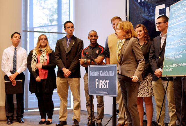 Surrounded by students, Sen. Kay Hagan speaks about her education accomplishments and criticized NC Speaker of the House Thom Tillis&#8217; downfalls at a private campaign event Monday in Talley Student Union. About 50 students, guests and members of the media attended the event.&#160;