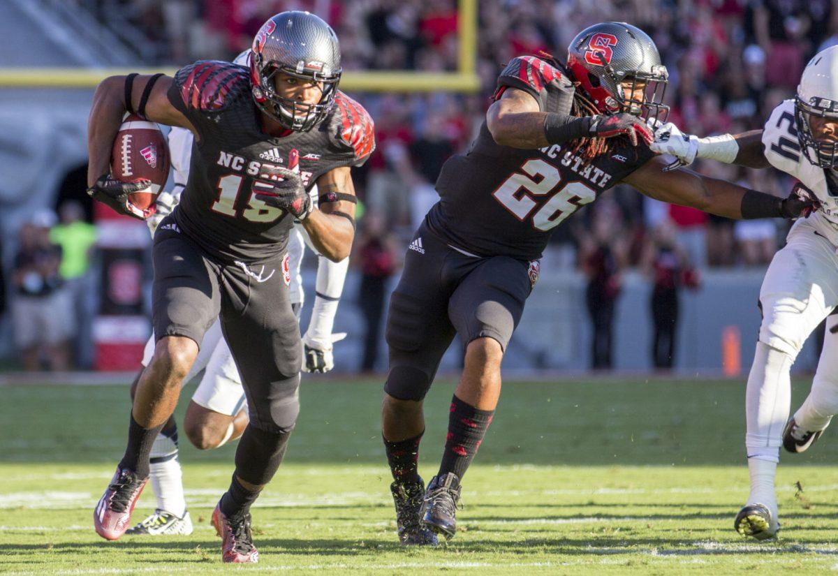 Graduate student running back Tony Creecy makes a block against Old Dominion on Sept. 6. NC State defeated the Monarchs by a score of 46-34 in Carter-Finley Stadium. The 5-foot-11 Durham native has 228 yards from 38 carries on the season and one touchdown.