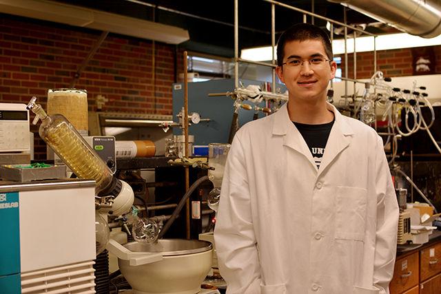 Eric Alexy, a senior majoring in chemistry, stands in the lab in which he works in Dabney Hall. Alexy had recently published a research paper on solar harvesting molecules and their applications for potential light harvesting. "This research has really been an eye-opening experience for me, and enhanced my resolve to work on problems pertaining to the environment" Alexy said.