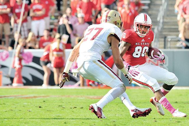 Redshirt senior wide receiver Bryan Underwood cuts during a run against Boston College Oct. 11. Underwood had two rushing yards in the Wolfpack&#8217;s 30-14 loss to the Eagles at Carter-Finley Stadium.