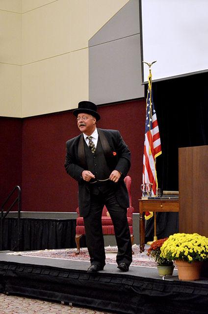 Joe Wiegand entertaining and educating a crowd as he impersonates president Theodore Roosevelt. The college of natural resources brought Wiegand in celebration of it's 85th anniversary.