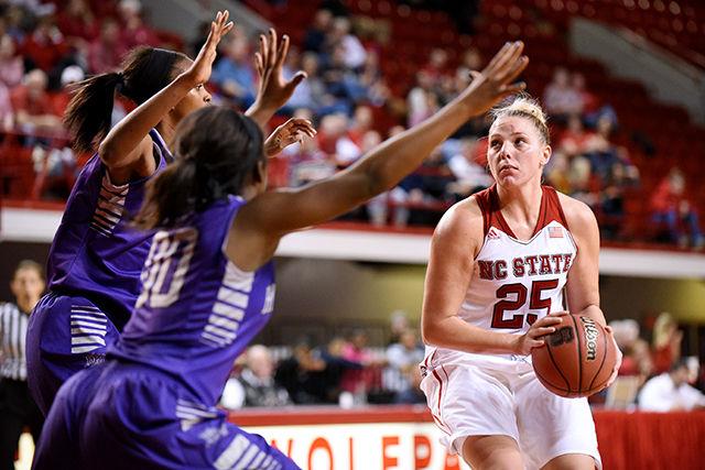 Junior forward/center Carlee Schuhmacher prepares to shoot the ball during the game against High Point University in Reynolds Coliseum on Nov. 21.