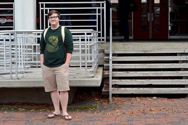 Junior in civil engineering Ian Pike stands in front of the main building for his major, Mann Hall. "As a transgender student, I'm trying to diversify what it means to be in STEM," Pike said.