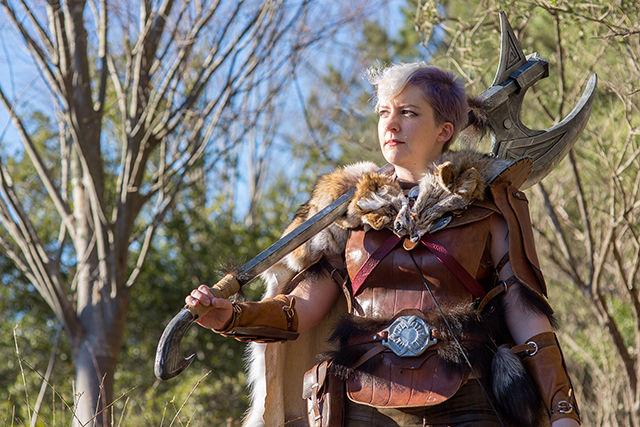 Maggie of Sedulous Studios poses as a barbarian from "Skyrim" at illogiCon. She is a full-time sculptor and works with the 105th, a group that makes costumes. Her costume was made from scratch and took about a week to make.