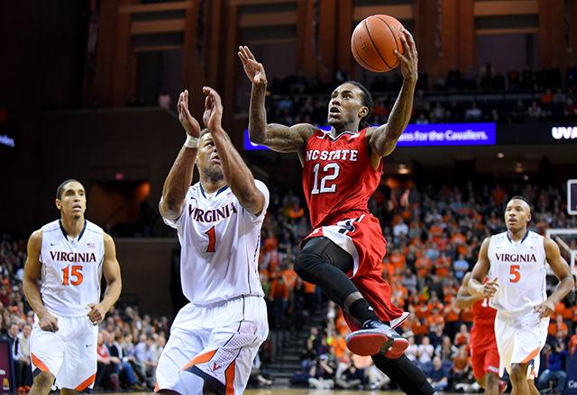 Sophomore guard Anthony &#8216;Cat&#8217; Barber shoots the ball during the basketball game against No. 3 Virginia in Charlottesville, VA Wednesday, Jan. 7. The Cavaliers won out over the Wolfpack, 61-51.