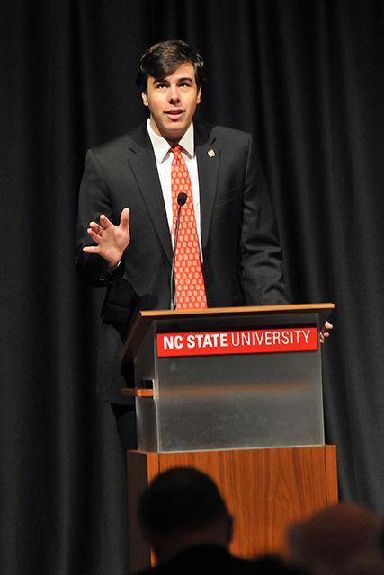 Former student body president Alex Parker comments about the new Talley Student Union as he introduces Chancellor Woodson for his spring address March 17.