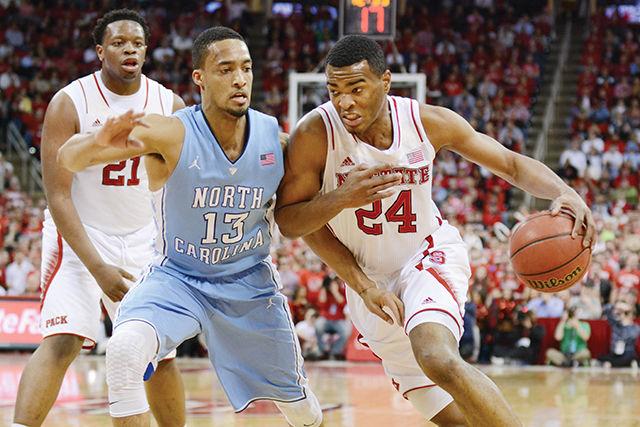Sophomore forward T.J. Warren drives to the basket during the game against North Carolina in PNC Arena Wednesday, Feb. 26, 2014. The Wolfpack fell to the Tar Heels in overtime, 85-84. Photo by John Joyner.