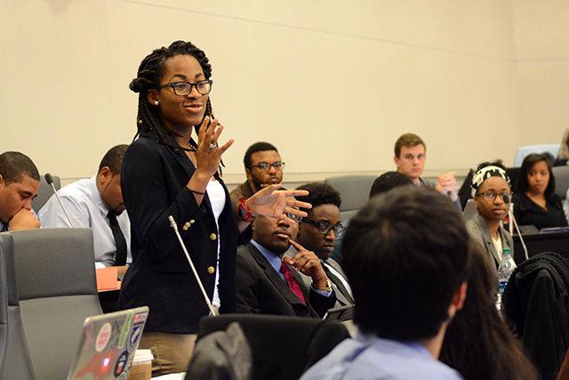 Ivana Mbullah, junior in textile technology talks about Columbus Day and the inclusion act at the student senate meeting that took place in talley student union on Wednesday, Feb. 4, 2015.