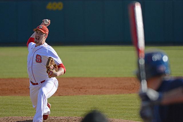 Sophomore right-handed pitcher Cory Wilder prepares to fire a pitch to home plate during NC State's season opener against Villanova Friday, Feb. 13, 2015. Wilder threw for 5 innings allowing just two hits and striking out five in the Wolfpack's 14-5 victory over the Wildcats.