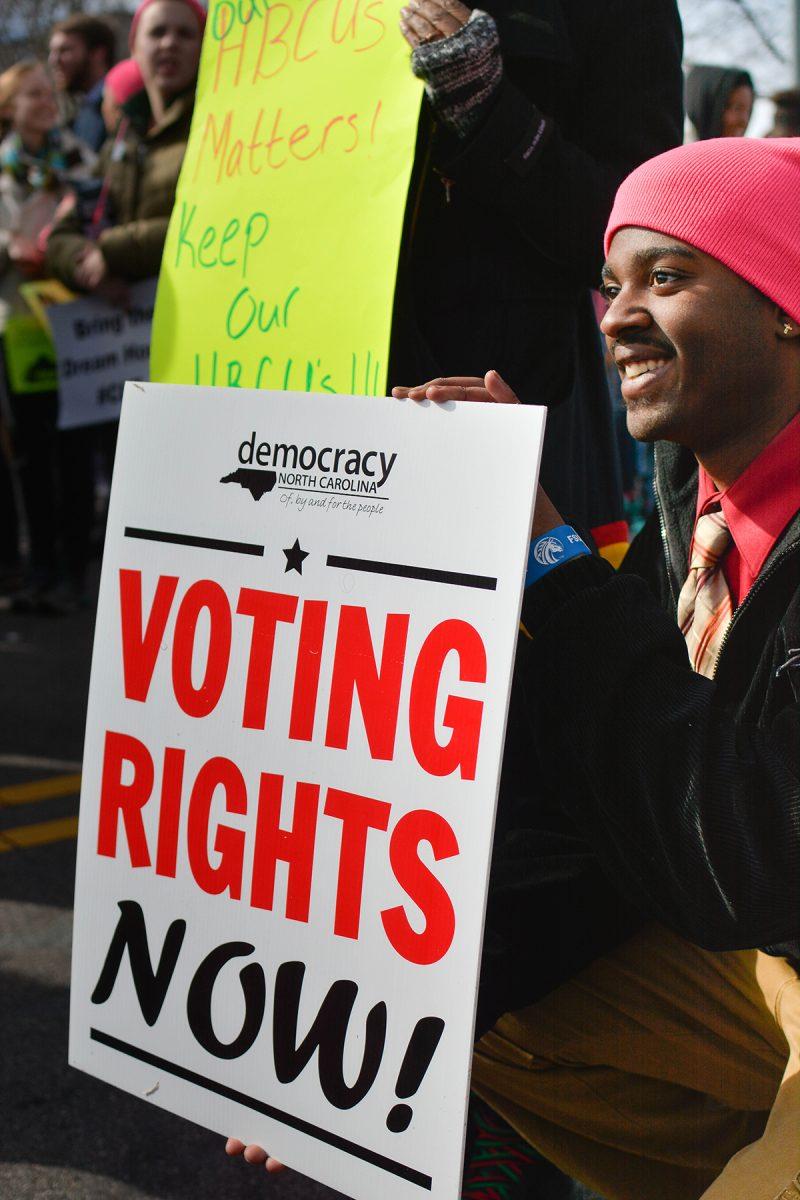 Thousands of protestors marched through downtown Raleigh Saturday morning, Feb. 14 for the 'Historic Thousands on Jones St.' march. The annual rally attracted citizens from around the state who gathered to express their dissatisfaction with a number of policies surrounding topics such as reproductive rights, workers' conditions, GLBT equality, and religious freedom.