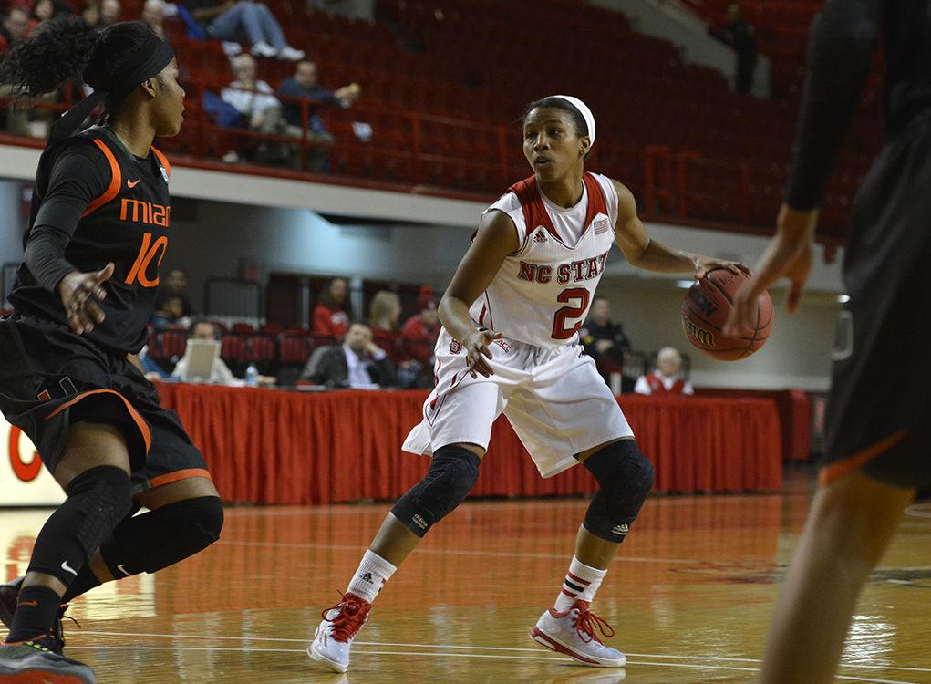 Coming into the second half on an 18-point deficit, the NC State women's basketball team managed to topple Miami 68-65 Feb. 19, 2015 in Reynolds Coliseum. Senior guard Len'Nique Brown-Hoskin nailed a deep three-point shot in the last 20 seconds of play to end the game.