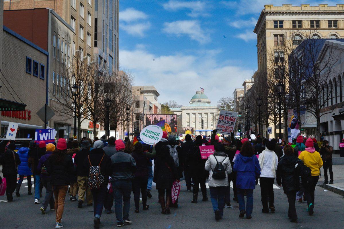 Thousands of protestors marched through downtown Raleigh Saturday morning, Feb. 14 for the 'Historic Thousands on Jones St.' march. The annual rally attracted citizens from around the state who gathered to express their dissatisfaction with a number of policies surrounding topics such as reproductive rights, workers' conditions, GLBT equality, and religious freedom.