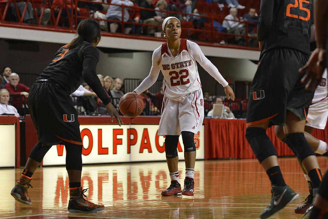 Coming into the second half on an 18-point deficit, the NC State women's basketball team managed to topple Miami 68-65 Feb. 19, 2015 in Reynolds Coliseum. Senior guard Len'Nique Brown-Hoskin nailed a deep three-point shot in the last 20 seconds of play to end the game.