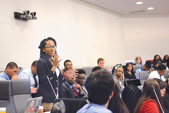 Ivana Mbullah, a junior studying textile technology, talks about Columbus Day and the inclusion act at the Student Senate meeting in Talley Student Union Wednesday.