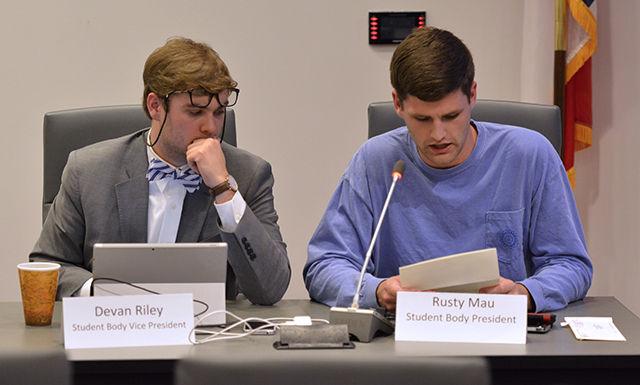 Rusty Mau, student body president and Devan Riley, student body vice president sit in on the last Student Senate meeting while in ofice in Talley Governance Chambers on Mar. 25. &#8220;So tonights the last meeting so if I veto something it can&#8217;t be overturned, I say that jokingly, but it is the truth,&#8221; Mau said.