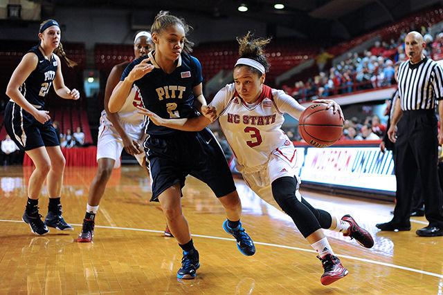 Sophomore guard Miah Spencer drives to the basket during the game against Pittsburgh Feb. 5. Spencer had nine points in the Wolfpack&#8217;s 60-50 loss to the Panthers at Reynolds Coliseum.