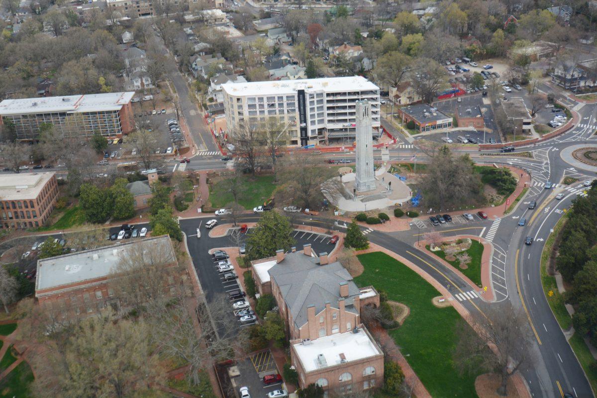 An&#160;aerial&#160;view of Hillsborough Street and the construction of the Aloft hotel&#160;across from the Belltower. The city of Raleigh held a public work session in Talley Monday night to gain input from students&#160; regarding new developments and construction coming to Hillsborough Street.&#160;