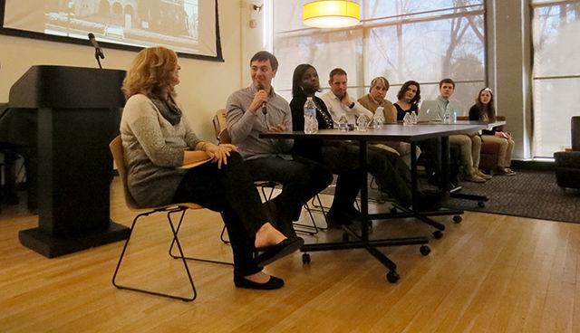 Justin Drust, audio director for the Virtual MLK project, explaining the technical work that he did on the project. Recording the speech was the first phase of the project, the second was the creation of a website and the third phase will combine the audio with a 3D rendering of the interior of the original White Rock Baptist Church.