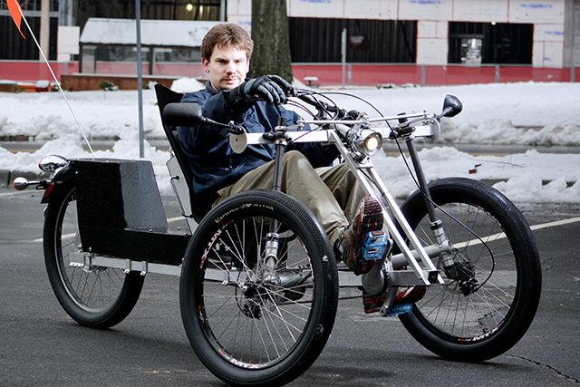 Josh Thomas, a 2009 graduate in mechanical engineering designed and built a Trike, a motorized tricycle. The vehicle, based off Organic Transit's "Naked ELF" vehicle is capable of going up to 40 miles per hour. Photo by Chris Rupert.