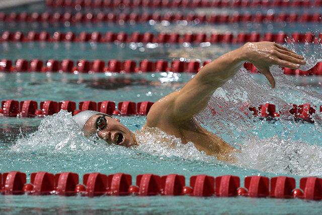 Freshman Anton Ipsen competes in the 1,000-yard freestyle during NC State's meet with rival UNC-Chapel Hill Jan. 31, 2015, at the Casey Aquatic Center. Ipsen finished first in the event with a time of 8:55.70.&#160; The No. 8 Wolfpack men's team remained undefeated, beating the No. 20 Tar Heels 180-118.&#160; The No. 12 women's team just barely missed topping the No. 5 Tar Heel women 146.5-134.5.