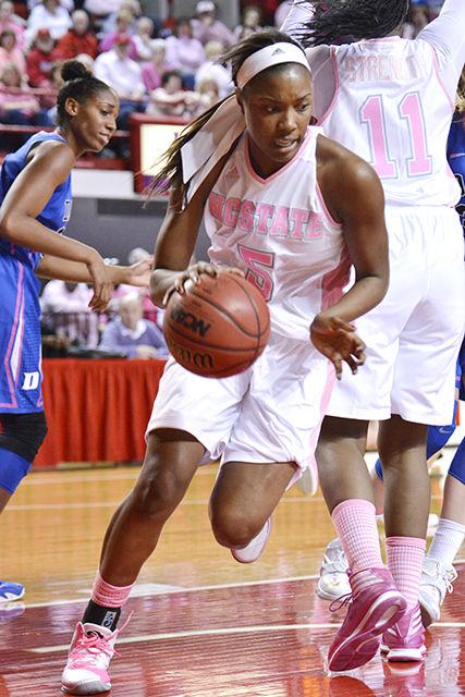 Freshman forward Chelsea Nelson drives along the baseline during NC State's Hoops 4 Hope matchup with No. 10 Duke Feb. 22, 2015 in Reynolds Coliseum. Nelson pulled down 3 rebounds and had 1 block during the game. The Wolfpack squad upset the Blue Devils 72-59, taking them to 16-11 overall and 7-7 in conference play.