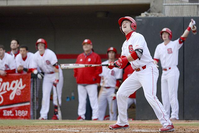 Senior designated hitter Logan Ratledge watches a ball fly into foul territory during NC State&#8217;s season opener against Villanova Feb. 13. Ratledge hit 2-for-3 with one RBI and two walks in the Wolfpack&#8217;s 14-5 victory against the Wildcats.