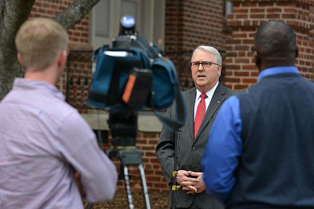 Chancellor Woodson speaks outside of Holladay Hall Wednesday, March 25, 2015 at a press conference regarding the three year suspension of the Pi Kappa Phi fraternity. The fraternity was banned following the discovery of a pledge book, which contained a variety of derogatory comments.