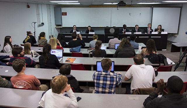 Student Body President and Vice President candidates respond to questions during a debate hosted Wednesday evening, Feb. 25, 2015 in Harrelson Hall. Student government voting will run from 12pm on March 2 to 12pm on March 3.