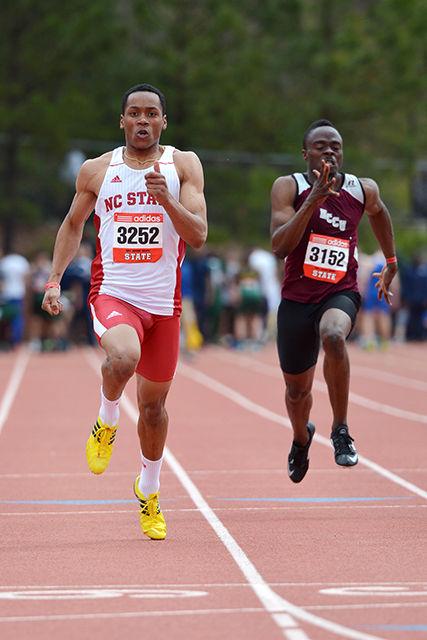 Junior sprinter Jonathan Addison flies toward the finish line of the 100-meter dash during the 2013 Raleigh Relays at Derr Track March 29, 2013.