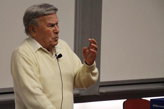 Mr. Morris Glass, a Holocaust survivor and author of &#8220;Chosen for Destruction: The Story of a Holocaust Survivor,&#8221; shares his Holocaust experience at an event organized by NC State Department of History on Wednesday at SAS Hall. &#8220;What kept us alive was the incredible faith and the fact that we were with our families,&#8221; said Glass before he burst into tears while describing the separation from his family. He concluded by saying, &#8220;I request all of you that for the sake of millions who perished, to never forget the Holocaust.&#8221;