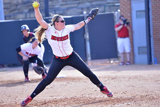 Emily Weiman, senior and pitcher for the Wolfpack softball team pitches against opponent from Florida State during game one of the series that took place on Friday at Dail Softball Stadium. NC State lost 6-5 to Florida State.