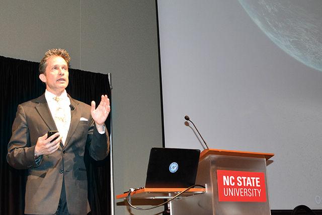 Fabien Cousteau, ocean explorer and environmentalist and the grandson of the famed ocean explorer Jacques Cousteau explains about the importance of exploring the Earth's oceans which make up for such a vast proportion of Earth's surface in the Talley Ballroom Monday. Cousteau gave a lecture as part of the Harrelson Lecture series discussing his journey learning about the wonders of Earth's oceans titled "Oasis in Space: The Great Ocean Adventure" in which he encourages people to save themselves by saving their fellow living beings in the ocean.
