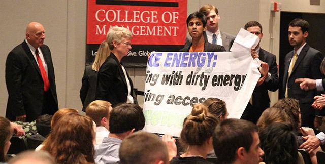 The student representatives of organization Fossil Free NCSU led by Ishan Raval, senior in philosophy and English, protested at the lecture being given by Lynn Good at Poole College of Management on April 8 to bring attention to Energy Freedom Act, which is being opposed by Duke Energy from being passed at the North Carolina House of Representatives.