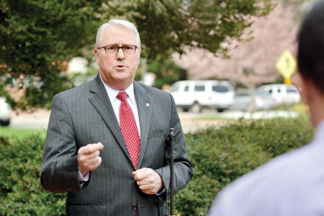 Chancellor Woodson speaks outside of Holladay Hall Wednesday, March 25, 2015 at a press conference regarding the three year suspension of the Pi Kappa Phi fraternity. The fraternity was banned following the discovery of a pledge book, which contained a variety of derogatory comments.