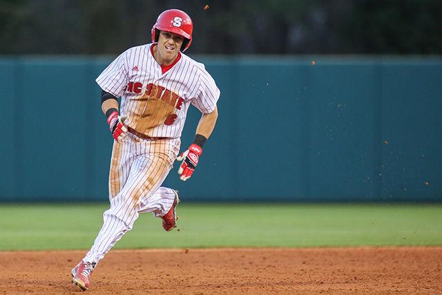Senior outfielder Logan Ratledge rounds second base against Elon University on March 24th. Ratledge had one hit and one run in the commanding 14-0 win on Doak Field.