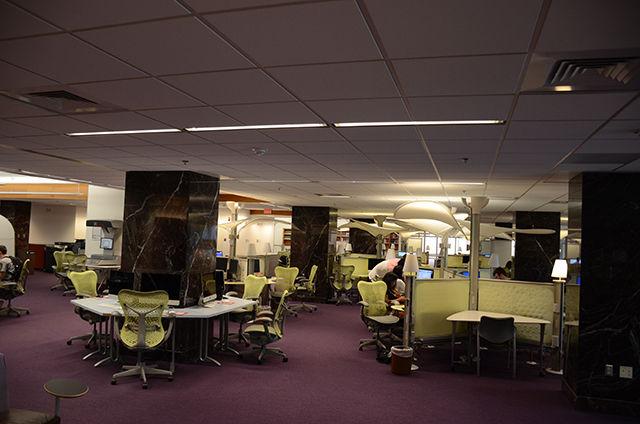 DH Hill library is located on main campus next to the Atrium. It offers a maker's space with 3D printers, computers, printers, technology to borrow, and plenty of space to study. Located near the main enterance the coffee shop Hill of Beans and in the West Wing is N.C. State's Howling Cow Creamery.