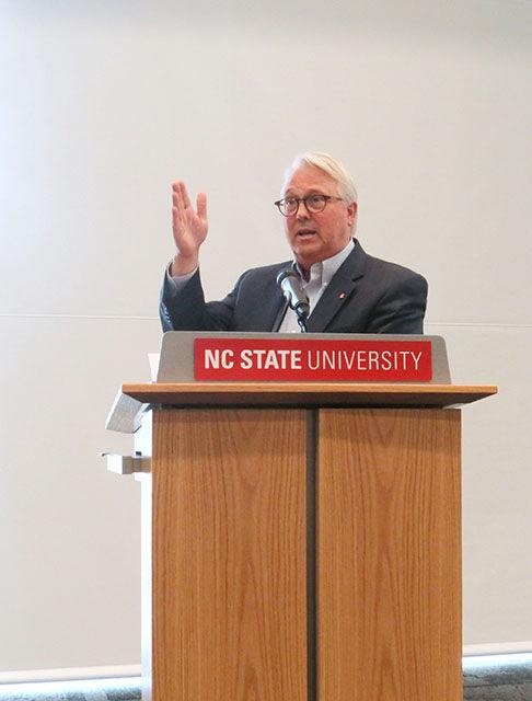 Chancellor Randy Woodson speaks at the Summer Meeting of CICEP 2015 in the Duke Energy Hall in Hunt Library.