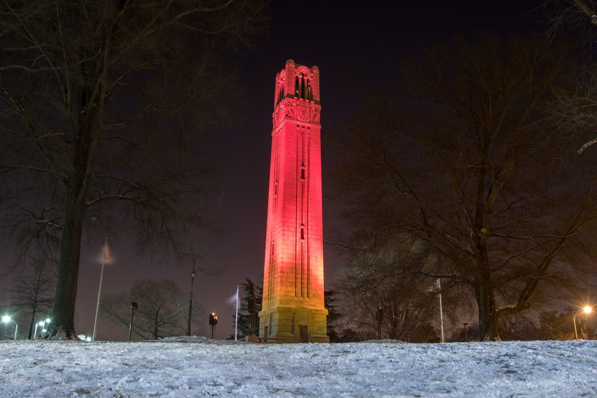 The Belltower shines bright red early Wednesday morning after the Wolfpack defeated the UNC-CH Tar Heels 58-46. Anthony &#8220;Cat&#8221; Barber led NC State with 15 points. This was the first time since 2003 that the Wolfpack has won in Chapel Hill.