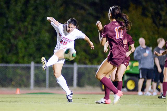 Freshman forward Jackie Stengel intercepts a pass during the soccer match against No. 16 Virginia Tech at Dail Soccer Field Thursday Sept. 26, 2013. The Wolfpack fell to the Hokies 4-1.&#160;
