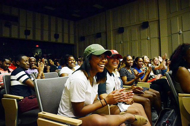 The audience laughs as they cheer on the "Ice Cold Brothers" of Alpha Phi Alpha Inc. The group danced and told the history of their fraternity, mentioning&#160;Kevin Howell, the first black student body president of NC State. There were a record breaking 500 students in attendace at the Back to School Jam on Wednesday, August 19, 2015 in the Witherspoon Cinema.