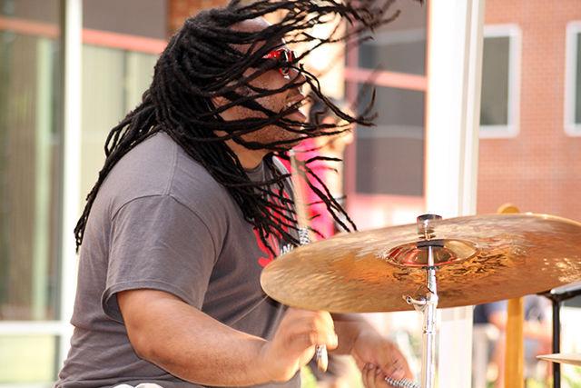 Drummer Billy "bootcamp" Barns of Ghostt Bllonde plays at the WKNC Concert on the lawn at Harris Field August 17. This was the first WKNC Concert of the 2015-2016 school year.