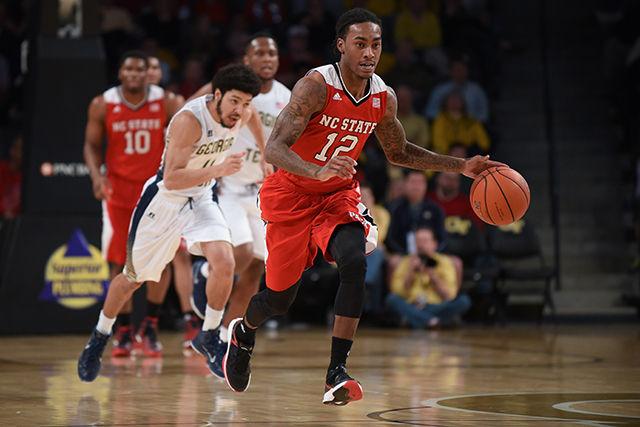 Sophomore guard Anthony &#8216;Cat&#8217; Barber breaks away in transition during the basketball game against Georgia Tech in the McCamish Pavilion in Atlanta, Ga. Saturday, Jan. 31, 2015. Barber led the Wolfpack to an 81-80 overtime victory over the Yellow Jackets, earning 23 points and going 4-5 from three point range.