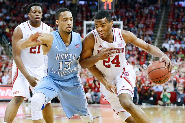 Sophomore forward T.J. Warren drives to the basket during the game against North Carolina in PNC Arena Wednesday, Feb. 26, 2014. The Wolfpack fell to the Tar Heels in overtime, 85-84.&#160;