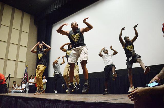 The "Ice Cold Brothers" of Alpha Phi Alpha Inc. dance at the Back to School Jam on Wednesday, August 19, 2015 in the Witherspoon Cinema. There were a record-breaking 500 students in attendance.